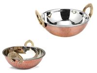 Billion Deals Set of 4, Indian Copper Serveware Karahi Vegetable Dinner Bowl with Handle for Indian Food, Diameter 6 Inches Approx