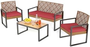 PHI VILLA Patio Wicker Furniture Set for 4, Brown Rattan Loveseat & Chairs with Red Cushions & Acacia Wood Coffee Table, Outdoor Modern Conversation Sofa Set for Deck, Yard, Porch