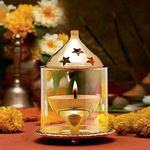 SVS ONLINE Akhand Diya with Borosilicate Glass Decorative Brass & Glass Oil Lamp,Tea Light Holder Lantern for Durga Pooja & Diwali-Cylinderical Shaped (Extra Large)