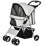 PawHut Pet Stroller Foldable Carrier for Cat, Dog and More 4 Wheels Travel Jogger with Cup Holder, Storage Basket, 360 ° swiveling front wheels, Easy Fold, Grey