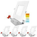 LUXRITE 6 Inch Ultra Thin Square LED Recessed Lighting, 5 Color Temperature Options 2700K - 5000K, Dimmable LED Downlight, 12W, IC & Wet Rated, 1000 Lumens, Canless LED Recessed Light, ETL (4 Pack)