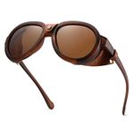 MACJERO Retro Aviator Steampunk Polarized Sunglasses with Leather Side Shield Vintage Goggles Gothic Eyewear for Men Women, Brown