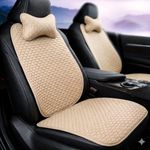 Hukimoyo 3-in-1 Car Seat Cover Protector Mat with Neck Pillow, Breathable Cotton Linen Anti-Slip Driver Seat Protector, Universal Fit Front & Bottom Seat Cover for Car, SUV & Truck with Pocket