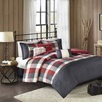 Madison Park Ridge Comforter Set - Cabin Lodge Plaid Herringbone Design, All Season Down Alternative Cozy Bedding with Matching Bedskirt, Shams, Decorative Pillow, Red Queen(90"x90") 7 Piece