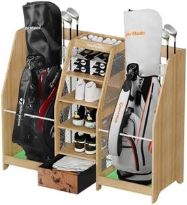 Golf Bag Storage Organizer Holds 2 Golf Bags for Garage - Wooden Rack | Easy Assembly with Drawer, 12 Club Holder, Shoe Shelf and 50 Balls Basket for Garage, Simulator Room, Home or Office