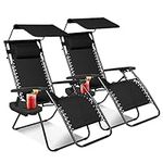 Rikdev® Set of 2 Black Heavy Duty Textoline Zero Gravity Chairs | Garden Outdoor Patio Sun Loungers | Folding Reclining Chairs (WITH CARRY CASE, CANOPY & DRINKS HOLDER)