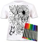 Splat Planet Butterflies T-Shirt with 10 Non-Toxic Washable Magic Markers - Color in and Wash Out and Color in Again T-Shirt (7-8 Years) White