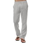 Mens Linen Trousers Casual Cotton Trouser Summer Beach Pants Lightweight Drawstring Trousers Light Grey 4XL