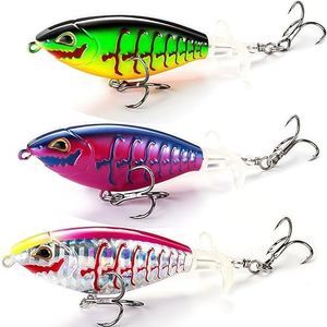 Hviomru 3Pcs Whopper Fishing Lure for Bass Popper Top Water Fishing Lures with Floating Rotating Tail Barb Treble Hooks in Saltwater Freshwater Plopping Lures Kit,A