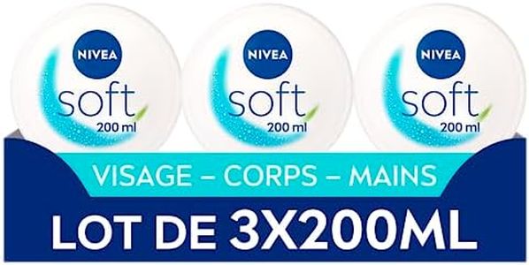 NIVEA SOFT Crème de soin multi-usage hydratante 48H (3 x 200 ml), Soin hydratant Visage, Corps & Mains à la vitamine E & Huile de Jojoba, Formule Vegan lègère, 95% ingrédients d'origine naturelle