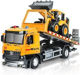 ID Gerilla Tow Truck Toy Metal Cab, Flatbed Tow Truck Toys for Boys Age 3-5 with Backhoe Loader, Friction Powered Transport Trailers with Lights, Sounds, Construction Vehicles for Kids 12.5"