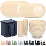 Evanda Plastic Dinnerware Sets 32 Piece Service for 8 with a Portable Oragnizer Bag, Reusable Plates and Bowls Sets Include Cups, Bowls, Dishes for Home, Camping, Picnic, Outdoor (Cheese White)