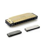 CB SKY Harmonica (Gold) Key of C 10 Holes 20 Tones with Storage Case and Cleaning Cloth for Professional Player Beginner Students Children Kids