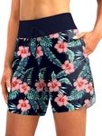 G Gradual Women's 7" Quick Dry High Waisted Swim Board Shorts with Zipper Pockets UPF 50+ Beach Shorts for Women with Liner, Navy Flower, Medium