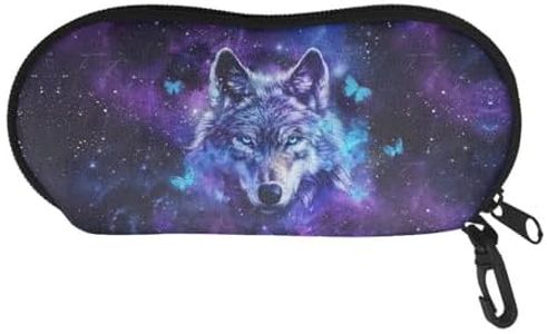 JoyLamoria Novelty Design Portable Glasses Case Ultra Light Neoprene Sunglasses Bag Eyeglasses Case, Wolf Galaxy Butterfly, 7.3 * 3.3 inch