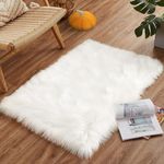 White Fur Rug Fluffy Throw SheepSkin Small Rug for Bedroom Dorm Bedside Living Room - Washable Faux Rug For Sofa Couch Seat Cushion, Thick Shaggy Furry Rugs Floor Carpets for Bedside Room (Rectaungle)