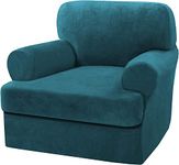 LINGKY Velvet Sofa Covers with Separate T Cushion Covers Ultra Soft Plush Sofa Slipcover No-Pilling Washable Furniture Protector with Elastic Bottom (Deep Teal,1 Cushion Armchair)