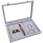 BELLE VOUS Grey Velvet Jewellery Storage Box Display Case - Showcase Tray Holder With Lockable Clear Glass Lid - Home & Shop Stackable Organiser For Earrings, Rings, Necklaces & Bracelets