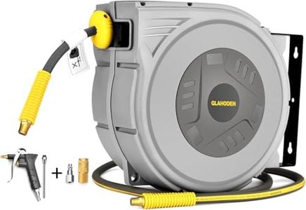 GLAHODEN Enclosed Retractable Air Hose Reel, 3/8in x 65 Ft Hybrid Hose Air Compressor Hose Reel with 6Ft Lead in Max 300PSI Patented Design for Any Length Lock 180°Swivel Bracket Quick Coupler