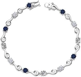 Gem Stone King 925 Sterling Silver Blue Sapphire and White Moissanite and White Lab Grown Diamond Bracelet For Women (2.69 Cttw, Gemstone September Birthstone, Round 4MM, 6.5, 7, 7.5 Inches), Sterling