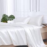 MR&HM Satin Bed Sheets, Queen Size Sheets Set, 4 Pcs Silky Bedding Set with 15 Inches Deep Pocket for Mattress (Queen, White)