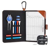 Handy Picks Golf Scorecard Holder n Yardage Book Cover - Divot Repair Tool, Ball Marker, Golf Tees, Scorer, Pencil n Scorecards Included - Gift for Golfers (Light brown)