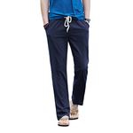 HOEREV Brand Men Casual Beach Trousers linen Pants, Navyblue, XXL