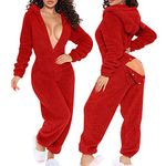 Women Fleece Onesies with Butt Flap Ladies Teddy Bear Onesie Fluffy Hooded Pyjamas Winter Warm Plush Flannel One Piece Jumpsuit Funny Novelty Animal Pajamas Playsuit Loungewear Size 8-16