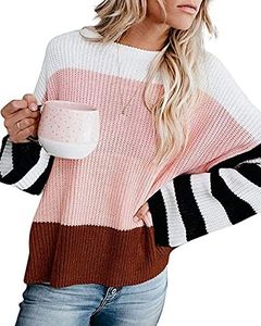ZESICA Women's 2024 Fall Long Sleeve Crew Neck Striped Color Block Casual Loose Knitted Pullover Sweater Tops, Pink, X-Large