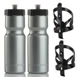 50 Strong Bike Bottle Holder with Water Bottle - 2 Pack - 22 oz. BPA Free Bicycle Squeeze Bottle and Durable Plastic Holder Cage- Made in USA (Silver)