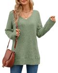 MISFAY Sweaters for Women Casual Long Sleeve V Neck Shirts Solid Color Tunic Tops for Leggings,Pea Green,XL