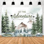 Aperturee Adventure Awaits Baby Shower Backdrop 7x5ft Let The Begin Pine Tree Mountain Wilderness Woodland Animals Photography Background Forest Party Decorations Photo Booth Props, multicolor