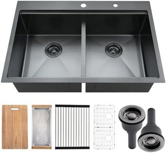 Xiiwin 33×22 Double Bowl Kitchen Sink Topmount Drop in Workstation with Accessories Black Stainless Steel