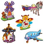Ugears 3D Wooden DIY Jigsaw Puzzle Build and Paint Assemble Toys Kits for Kids- Set of 5 Large Models - Clock, Donkey, Merry-Go-Round, Biplane, Mill