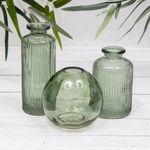 Set of 3 Green Vintage Glass Ribbed Bottle Flower Display Bud Vases