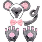 Sintege Mouse Costume Set for Kids Adult Mice Ears Headband Mouse Nose Tail Mouse Gloves Bow Tie Animal Costume Accessories for Carnival World Book Day Halloween Cosplay Party Multicolored