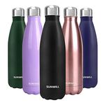 SUNWILL Water Bottle, Insulated Stainless Steel Sports Bottle 500ml, Reusable Vacuum Thermal Water Flask, Double Wall, Powder Coated Black for Hot and Cold Drinks