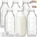 Glass Milk Bottles w 100% Airtight Screw Lids and 2 Pour Spouts- 6 Pack 32 Oz Smoothie Bottles - Food Grade Glass Water Bottles for Almond Cow, Green Juice, Maple Syrup - Dishwasher Safe(Extra Lids)