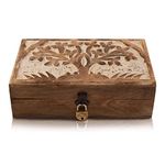 The Great Indian Bazaar Handmade Decorative Wooden Jewelry Box Tree Of Life Carving Lock Key Keepsake Box Treasure Chest Trinket Holder Storage Lock Boxes8 * 5 Inches Medium White Wash Finish