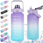 Half Gallon/64oz Daily Sports Water Bottle with Straw & Motivational Time Marker,BPA Free Plastic Water Jug,2 Liter Drinking Bottle for Fitness,Travel,Camp and Outdoor Sports(64oz/2000ml,Purple Green)