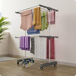 Amiraj 2 Tier 1-Pole Premium Heavy-Duty Stainless-Steel Clothes Drying Stand with Wheels | Foldable Laundry Rack with Sock Holder | Indoor & Outdoor Cloth Dryer for Balcony, Terrace & Home - Gray