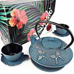 KIYOSHI Luxury 7PC Japanese Tea Set. "Blue Butterfly" Cast Iron Tea Pot with 2 Tea Cups, 2 Saucers, Tea Infuser and Teapot Trivet. Ceremonial Matcha Accessories