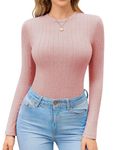 Ekouaer Womens Long Sleeve Tops, Ribbed Fitted Trendy Shirts Thermal Underscrubs, Crew Neck Stretch Basic Layering Sweater Pink L