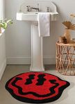 Estmy Trippy Cute 2ft Round Bathroom Rugs Red/Black Non Slip Rubber Backed Washable, Groovy Aesthetic Happy Face Abstract Hippie Retro Funny Cool Soft Plush Absorbent Bath Mat Shower Floor Rug