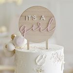 Ginger Ray Wooden Pink 'It's a Girl Topper Baby Shower Cake Decoration, 17.8cm x 12cm