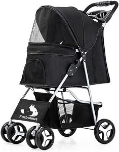 FURBULOUS Pet Dog Stroller, 4-Wheel Foldable Cat Dog Stroller with Underneath Storage, Easy to Fold & Unfold, Cup Holder Handle 360° Front Wheel Rear Wheel with Brake for Small Pets - Black