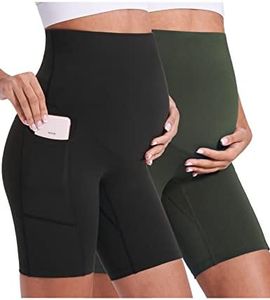 Enerful Women's Maternity Biker Shorts Over The Belly Buttery Soft Workout Running Yoga Active Pants with Pockets 8" 2PCS Black Dark Green XX-Large