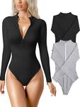 OQQ Women's 2 Piece Bodysuits Sexy Ribbed One Piece Zip Front Long Sleeve Tops Bodysuits Black Grey