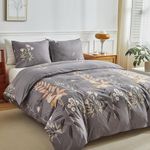 Duvet Cover Queen, Ultra Soft Microfiber Bed Set, Various Floral Patterns, 3 Piece Breathable Queen Duvet Cover Set with Zipper Closure, 4 Corner Ties, (90x90 Inch, Grayish Purple)