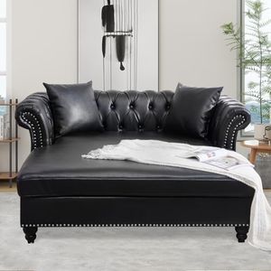 Vaztrlus 63" Chesterfield Double Chaise Lounges Sofa, Faux Leather Oversized Chaise Lounge Chair Indoor with 2 Pillows and Rolled Arm Loveseat Chaise Lounge Sofa (Black)